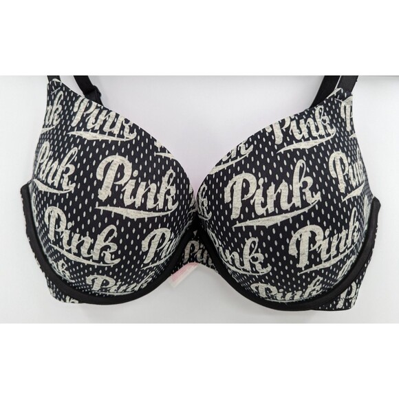 Victoria's Secret  PINK Bra Women’s 34D Black Gray Logo Spotted Push Up - Picture 3 of 7